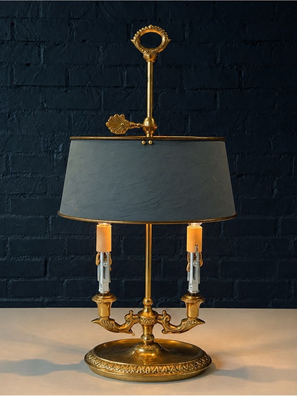 Vintage French Bouillette Double
Brass Table Lamp Tole Shade